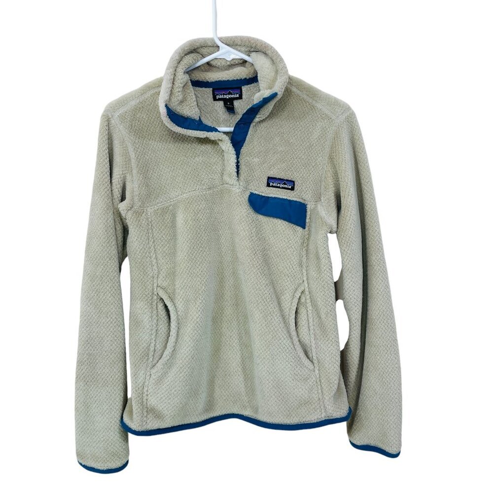 Patagonia Sweatshirt Womens Small Re-Tool Snap-T Fleece‎ Tan Blue Pockets